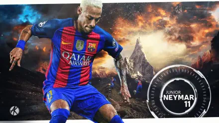 HD desktop wallpaper of a footballer in an FC Barcelona kit sprinting across a fiery volcanic landscape, with a circular Junior 11 emblem at the lower right.