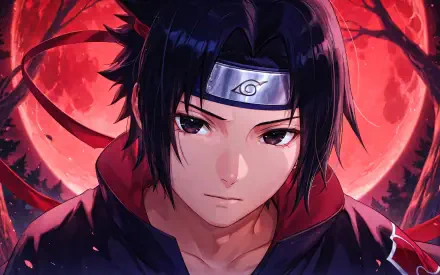 4K Ultra HD PC desktop wallpaper of Sasuke Uchiha (Naruto): close-up portrait beneath a blood-red moon, dark trees and an intense, focused gaze.