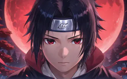 Sasuke Uchiha (Naruto) close-up, red Sharingan eyes, Leaf headband, hooded cloak before a crimson full moon — 4K Ultra HD PC desktop wallpaper.