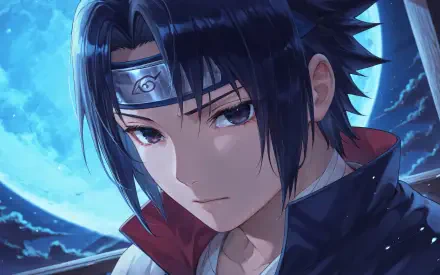 4K Ultra HD PC desktop wallpaper of Sasuke Uchiha from Naruto, close-up under a moonlit blue sky, serious expression and Konoha headband.