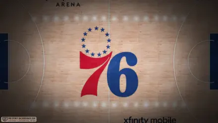 4K Ultra HD PC desktop wallpaper of Philadelphia 76ers NBA basketball center-court 76ers logo on hardwood floor with arena lighting.