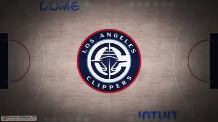 Center-court Los Angeles Clippers logo on hardwood basketball court — NBA 4K Ultra HD PC desktop wallpaper/background.
