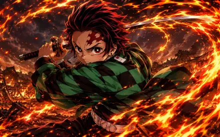 Tanjiro Kamado lunges with his sword through swirling flames, dramatic 4K Ultra HD anime PC desktop wallpaper and background.