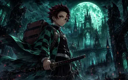 Tanjiro Kamado in a green checkered haori brandishes his sword before a glowing full moon and Gothic castle — dramatic 4K Ultra HD anime PC desktop wallpaper and background.