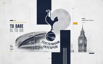 4K Ultra HD desktop wallpaper featuring Tottenham Hotspur F.C. cockerel logo above a stylized stadium and Big Ben sketch in navy, gray and white.