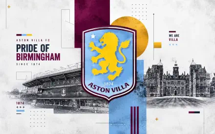Aston Villa F.C. logo centered on a 4K Ultra HD PC desktop wallpaper background, maroon and blue stripes, Pride of Birmingham text with stadium and city sketches.