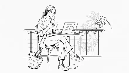 4K Ultra HD desktop wallpaper of a digital nomad woman on a balcony, working on a laptop with a coffee cup, tote bag and potted plants in the background.