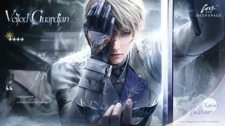 4K Ultra HD anime wallpaper: Xavier, a silver-haired guardian in a Love and Deepspace scene, gripping a shattered mirror with one gloved hand over his eye, dramatic cosmic lighting.