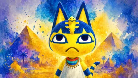 4K Ultra HD PC desktop wallpaper of Ankha: stylized yellow Egyptian cat cartoon in pharaoh headdress and necklace before watercolor pyramids.