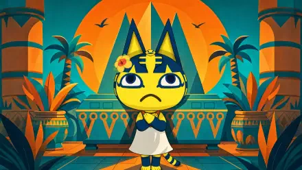 Bright 4K Ultra HD PC desktop wallpaper of Ankha, an Egyptian-themed Pharaoh cat standing in a stylized temple with pyramids, palm fronds, and a warm orange sun backdrop.