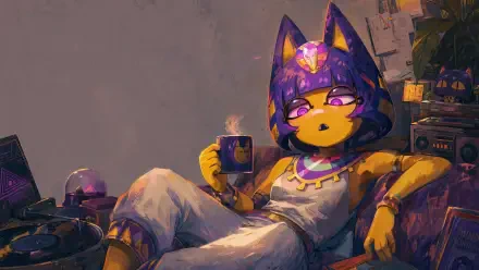 4K Ultra HD PC desktop wallpaper/background: Ankha the cat lounges in a neon-lit room wearing a hood, holding a steaming mug.