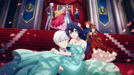 4K Ultra HD PC wallpaper: Pia from Even Though I'm a Super Timid Noble Girl — anime princess in a flowing turquoise dress, carried down palace stairs with companions.