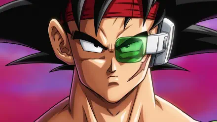 HD Dragon Ball Z desktop wallpaper: Bardock close-up with red headband and green scouter, intense anime portrait on a purple-pink gradient background.