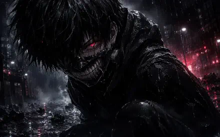 Ken Kaneki anime: rain-soaked neon city, red glowing eye and sinister grin — 4K Ultra HD PC desktop wallpaper/background.
