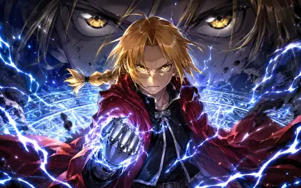 Edward Elric anime 4K Ultra HD PC desktop wallpaper: red-coated Edward with automail arm crackling blue lightning, intense gaze, and a looming larger face in the dark background.