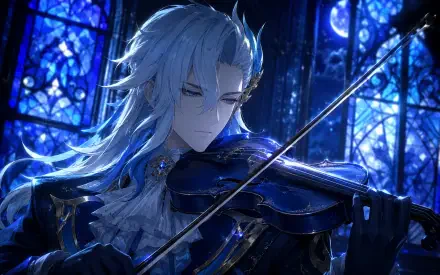 Anime Neuvillette (Genshin Impact) plays a violin in a moonlit stained-glass hall — dramatic 4K Ultra HD PC desktop wallpaper/background with deep blue and silver hues.