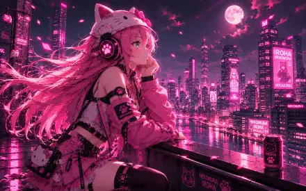 Nekomura Iroha (anime) in a pink cyberpunk nightscape, neon skyline and full moon — detailed 4K Ultra HD PC desktop wallpaper/background of the cat-eared idol on a balcony.