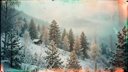 Aesthetic winter 4K Ultra HD PC desktop wallpaper: snow-covered forest with frosted trees on a misty mountainside and a small cabin.