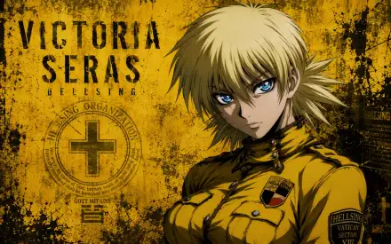 Seras Victoria (anime) with piercing blue eyes in a yellow uniform against a grungy golden backdrop — 4K Ultra HD PC desktop wallpaper/background.