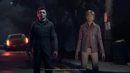 4K Ultra HD PC wallpaper from Halloween: The Game — Michael Myers in his mask and coveralls stands beside a male character on a dark suburban street at night.