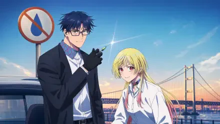 4K Ultra HD PC desktop wallpaper: Marriagetoxin anime — a dark-suited, bespectacled man and a blonde woman posing on a sunset bridge.