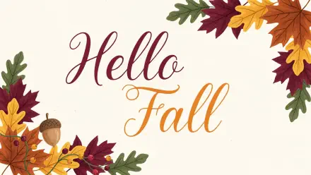 Hello Fall script on a cream background framed by colorful autumn leaves, acorns and leaf accents — 4K Ultra HD PC desktop wallpaper/background celebrating fall.