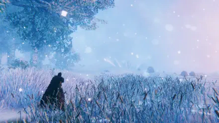 Valheim HD PC desktop wallpaper: lone silhouetted figure in a foggy frost-covered field with distant trees, soft snowfall and a muted pastel sky.