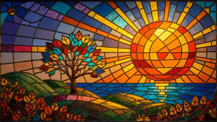 Goodbye Summer stained-glass 4K Ultra HD PC desktop wallpaper: mosaic sun setting over the ocean, colorful tree on rolling hills with shimmering rays.