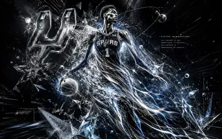 4K Ultra HD desktop wallpaper: towering San Antonio Spurs player in stylized electric motion, dribbling a basketball amid shards of light and shattered-glass effects.