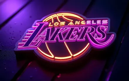 4K Ultra HD PC desktop wallpaper/background: neon Los Angeles Lakers NBA logo over a glowing basketball on a dark, textured, futuristic surface.