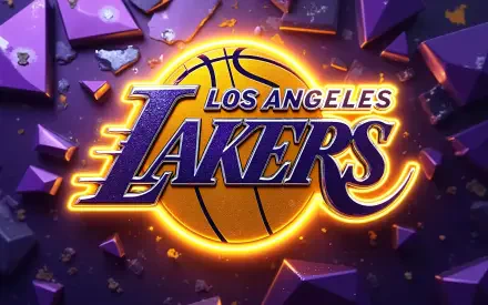 Los Angeles Lakers NBA logo glowing over a basketball with a purple shattered geometric backdrop — 4K Ultra HD PC desktop wallpaper/background.