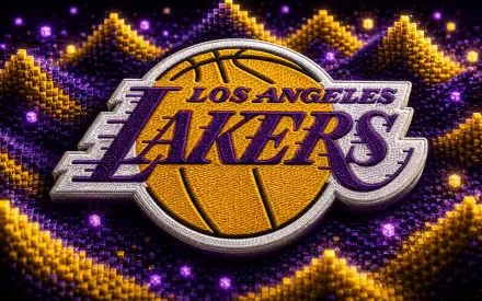 4K Ultra HD PC desktop wallpaper: Los Angeles Lakers NBA logo embossed on a textured purple-and-gold zigzag fabric background with a basketball centerpiece.
