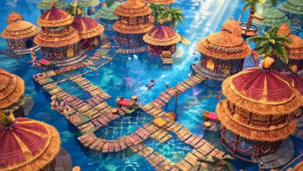 Eternal Anima 4K Ultra HD PC desktop wallpaper showing a colorful resort of thatched bungalows perched over a turquoise lagoon, connected by wooden walkways.