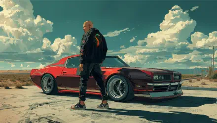 4K Ultra HD PC desktop wallpaper: digital art of a lone driver in jacket beside a red muscle car on a sunlit desert highway under dramatic clouds.