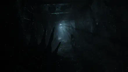 Resonance: A Plague Tale Legacy HD PC desktop wallpaper — lone silhouette in a foggy, rat-filled underground tunnel illuminated by a distant eerie blue light.