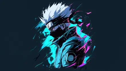5K Ultra HD PC desktop wallpaper of Kakashi Hatake (Naruto): masked, spiky white hair, one eye visible, neon teal and magenta paint-splash effects on dark background.