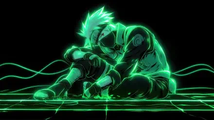 Kakashi Hatake (Naruto) glowing neon green, crouched on a luminous grid in mask and headband — 5K Ultra HD PC desktop wallpaper/background.