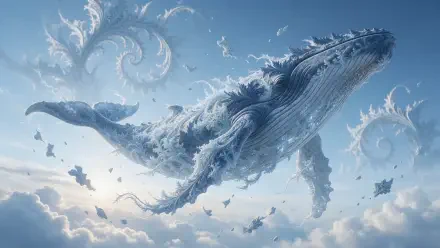 2K Quad HD PC desktop wallpaper: a majestic flying whale made of clouds gliding through a pale blue sky with swirling cloud formations.