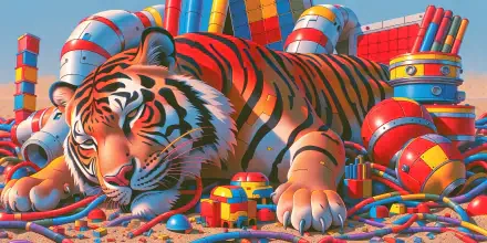 2K Quad HD PC desktop wallpaper of a Bengal tiger reclining amid bright, toy-like pipes and colorful blocks — a vivid, stylized tiger image.