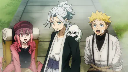 The Vermilion Mask anime 4K Ultra HD PC Desktop Wallpaper and Background — three characters on stone steps: pink-haired girl, white-haired man with a small skull mask on his shoulder, and a surprised blond youth.