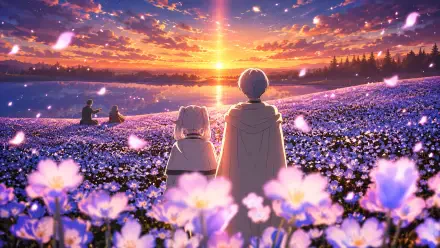 Anime — Frieren: Beyond Journey's End, 2K Quad HD PC wallpaper: Frieren and companion stand in a vast field of blue flowers at sunset, petals drifting toward a radiant, golden horizon.