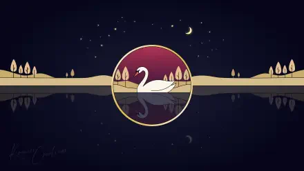 8K Ultra HD PC desktop wallpaper vector art: white swan waterfowl on a reflective lake beneath a crescent moon and starry night sky, framed by stylized trees and shoreline.