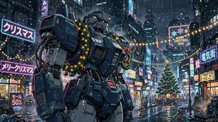 A holiday-decorated mecha stands in a rainy neon cyberpunk street beside a lit Christmas tree, wreaths and glowing billboards — HD PC Desktop Wallpaper and Background.