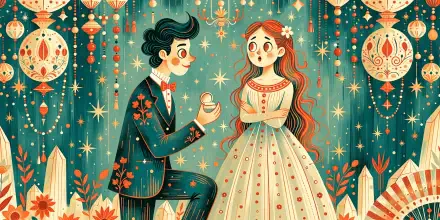 2K Quad HD PC desktop wallpaper and background: whimsical illustrated couple in love—man kneeling with ring in a starry, lantern-lit floral scene during a proposal.