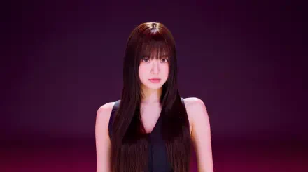 5K desktop wallpaper: studio portrait of a young woman with long dark hair and blunt bangs in a black top, centered against a deep magenta background.
