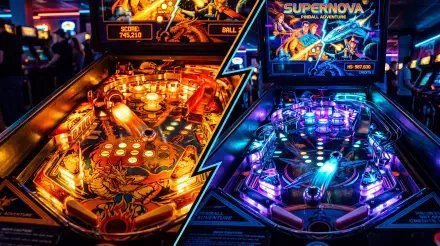 5K Ultra HD PC desktop wallpaper of two illuminated pinball arcade machines with vivid neon colors and detailed playfields.