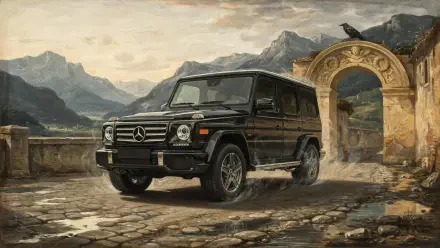 2K Quad HD PC desktop wallpaper: black Mercedes-Benz G-Class luxury SUV on cobblestones beside an ornate arch with mountains in the background.