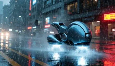 2K Quad HD PC desktop wallpaper: a glossy hoverbike/flying car concept — a sleek futuristic car hovering over a rain‑slick city street at night.