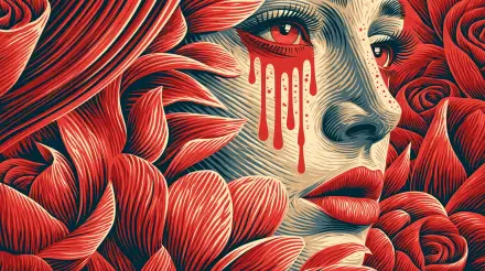 2K Quad HD PC desktop wallpaper: portrait of a sad, crying woman framed by red flower petals, her tears streaking down like dripping paint.