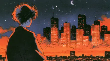 Anime city skyline at dusk: lone figure with windswept hair gazes over a glowing orange cityscape under a starry sky and crescent moon — 2K Quad HD PC desktop wallpaper/background.